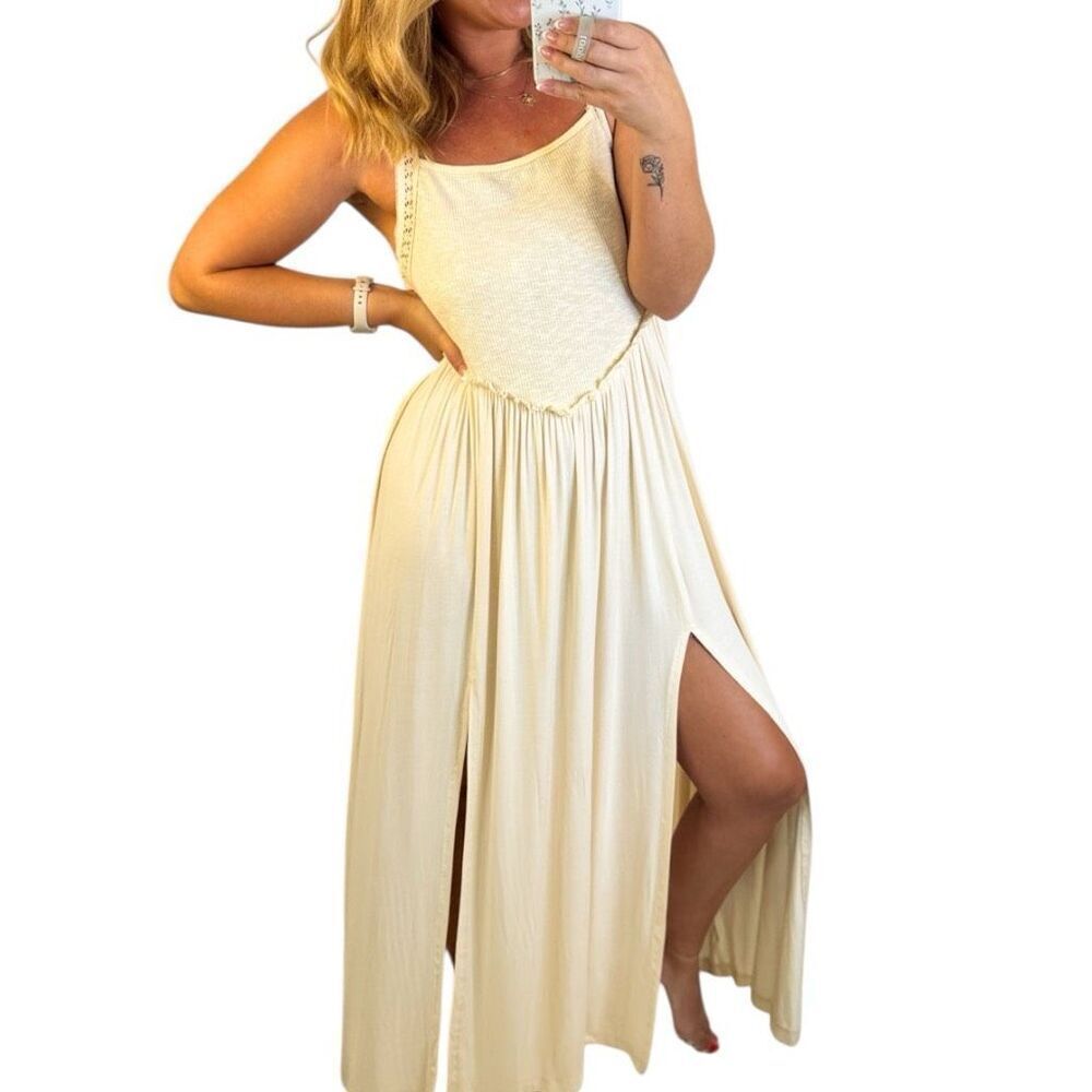POL Beige Maxi Dress Cami Square Neck Side Slit Boho Beach Vacation NWT